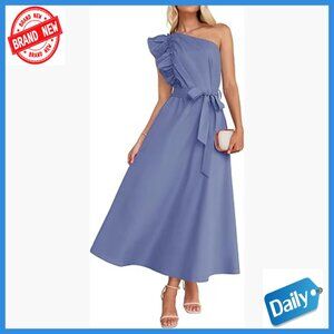 One Shoulder Ruffle Maxi Dress Empire Waist Flowy Summer Formal